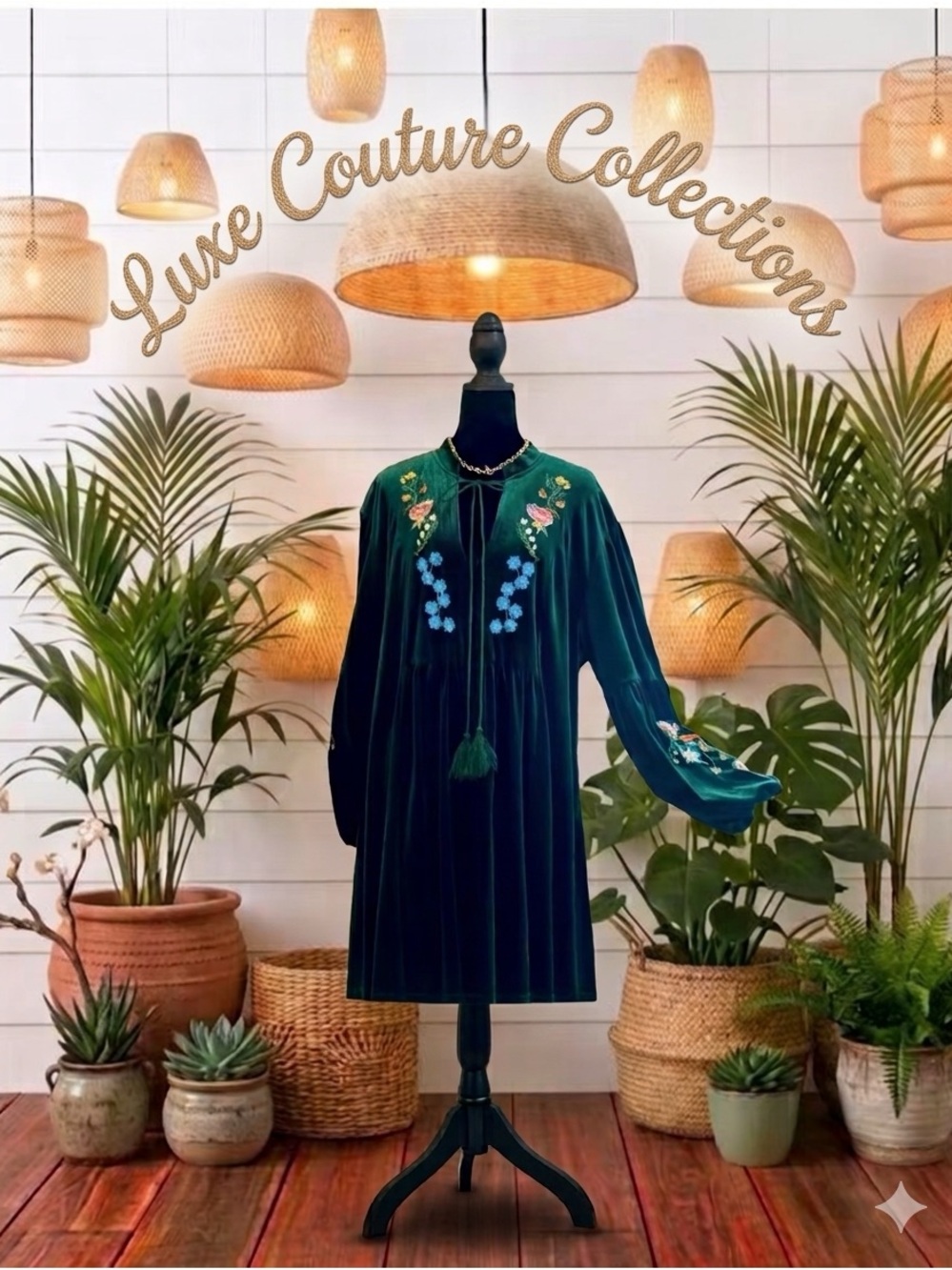 Emerald Velvet Embroidered BOHO Dress